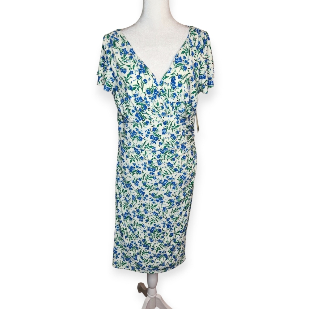 NEW Lauren Ralph Lauren Jersey Flutter Sleeve Floral Dress Sapphire and Cream 12